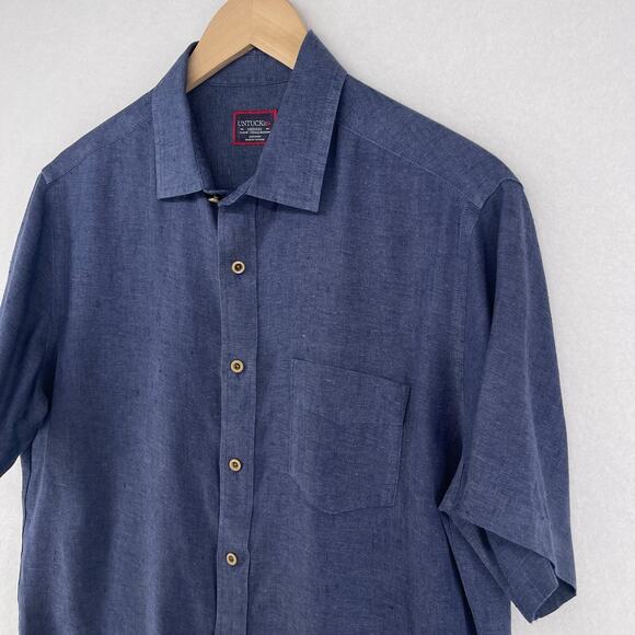 UNTUCKIT Shirt Mens M Cameron WR Linen Chambray Slim Fit Wrinkle Resistant Blue - Picture 3 of 13
